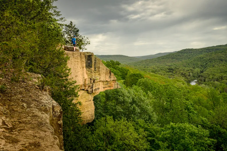Stunning Ozark Mountain bluff overlooking forested valleys in Arkansas